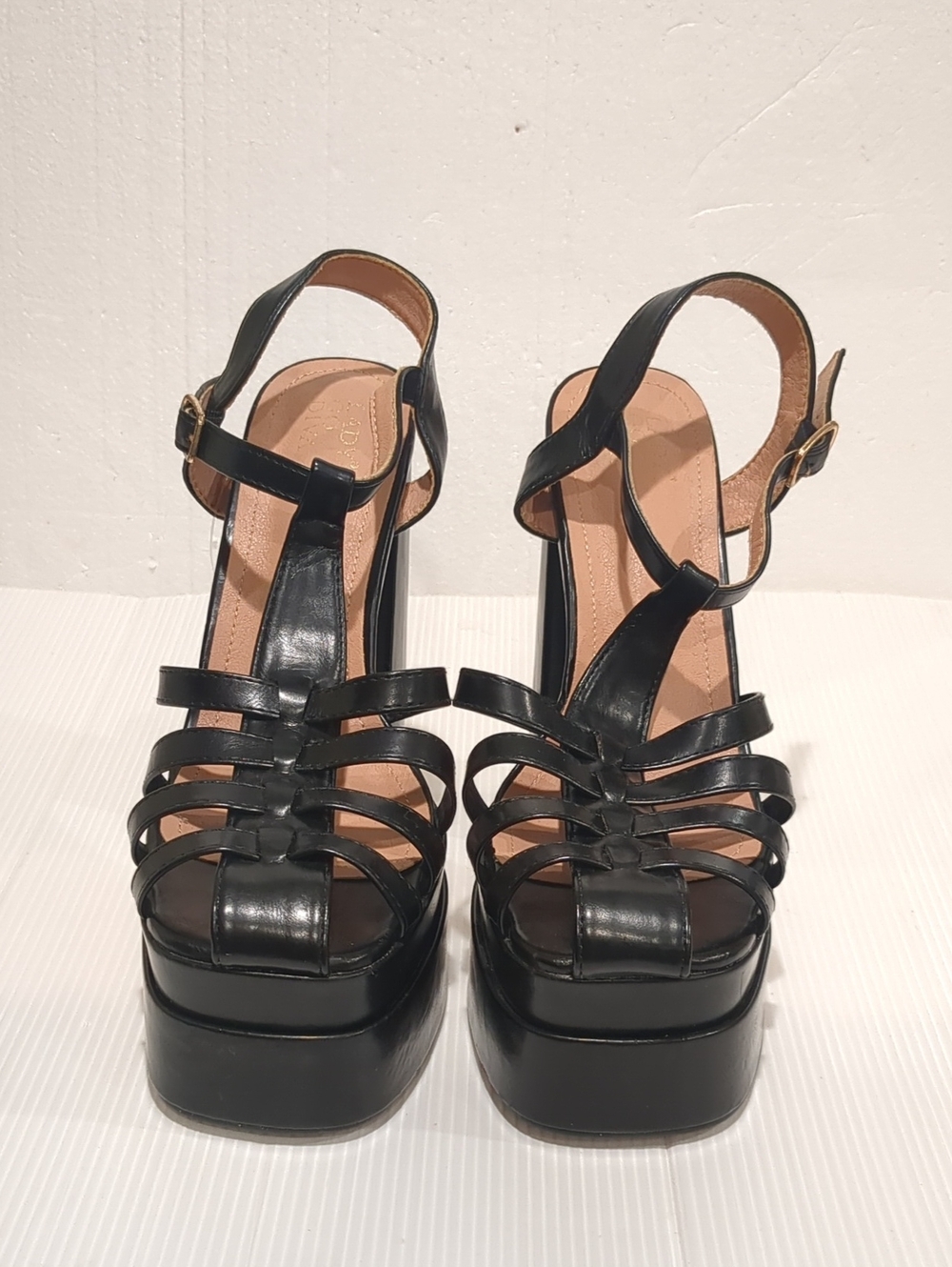 Lady Godiva Platform Strappy Black Block Heel Sandals
